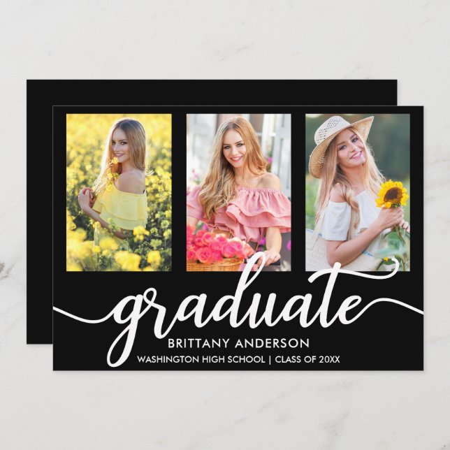 Modern 3 Photo Graduation Party Invitation BW (Front/Back)