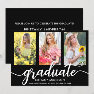 Modern 3 Photo Graduation Party Invitation BW