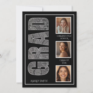Modern 3 Photo Graduation Party Side Typography Invitation