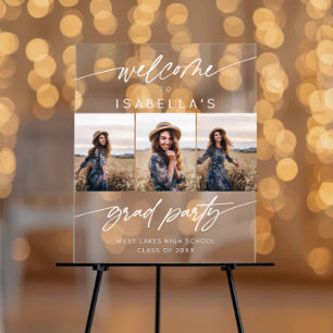 Modern 3 Photo Graduation Party Welcome Script Acrylic Sign