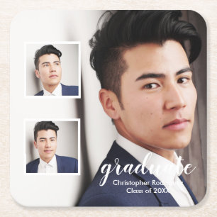 Modern 3 Photo Graduation Square Paper Coaster