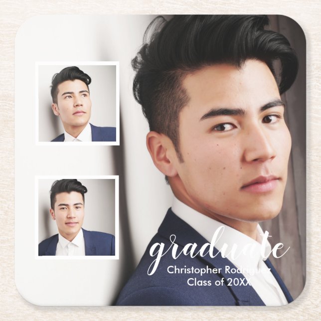 Modern 3 Photo Graduation Square Paper Coaster (Front)