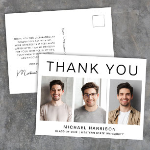 Modern 3 Photo Graduation Thank You Postcard