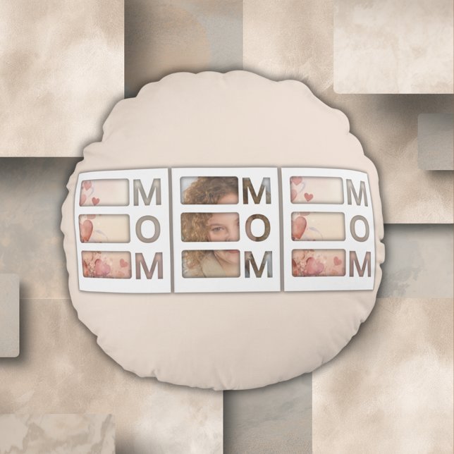 Modern 3 Photo Grid Mum Birthday Keepsake Round Cushion (Creator Uploaded)