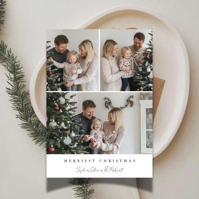 Modern 3 Photo Kids Family Merriest Christmas Holiday Card (Creator Uploaded)