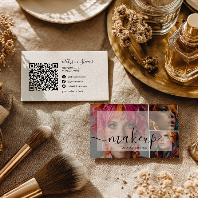 Modern 3 Photo Makeup Artist QR code Social Media Business Card (Modern 3 Photo Makeup Artist QR code Social Media Business Card)