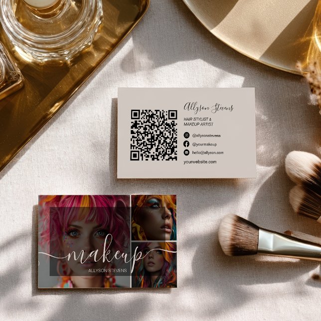 Modern 3 Photo Makeup Artist QR code Social Media Business Card (Modern 3 Photo Makeup Artist QR code Social Media Business Card)