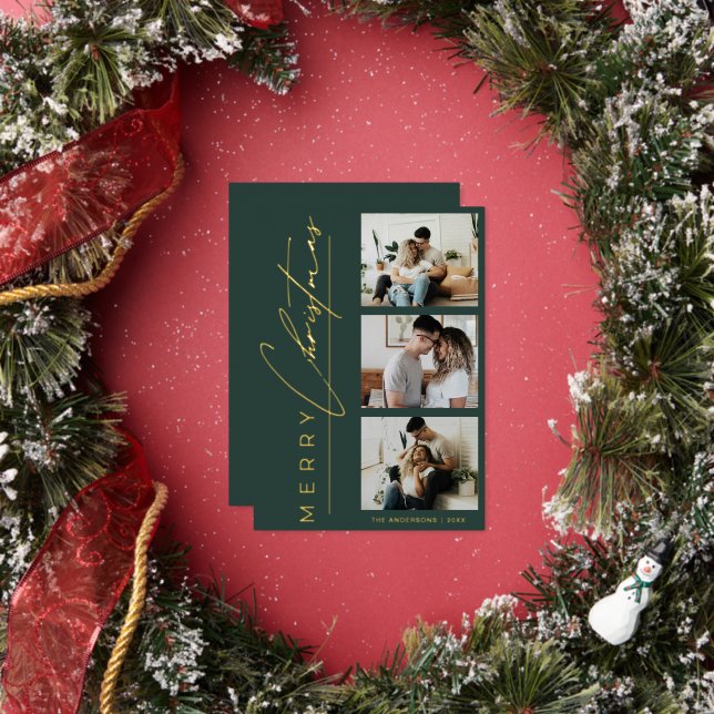 Modern 3 Photo Minimalist Green Christmas Script Foil Holiday Card (Insitu)