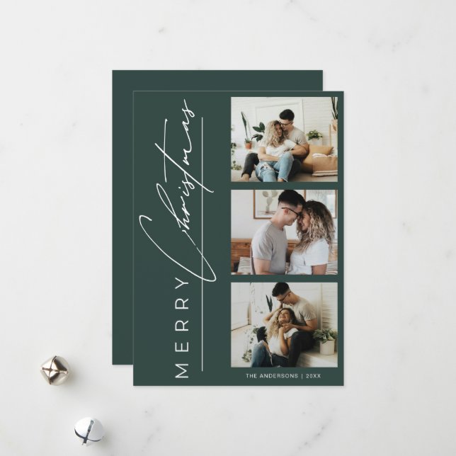 Modern 3 Photo Minimalist Green Christmas Script Holiday Card (Front/Back In Situ)