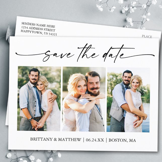 Modern 3 Photo Minimalist Ink Script Save The Date Postcard (Customize to change your personalized text size or text style.)