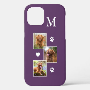 Modern 3 Photo Monogram Purple Cat Pet Dog iPhone 12 Case