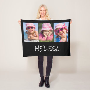 Modern 3 Photo Name Fleece Blanket