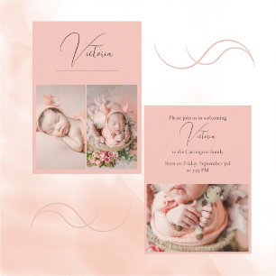 Modern 3 Photo Peach Baby Girl Birth Announcement