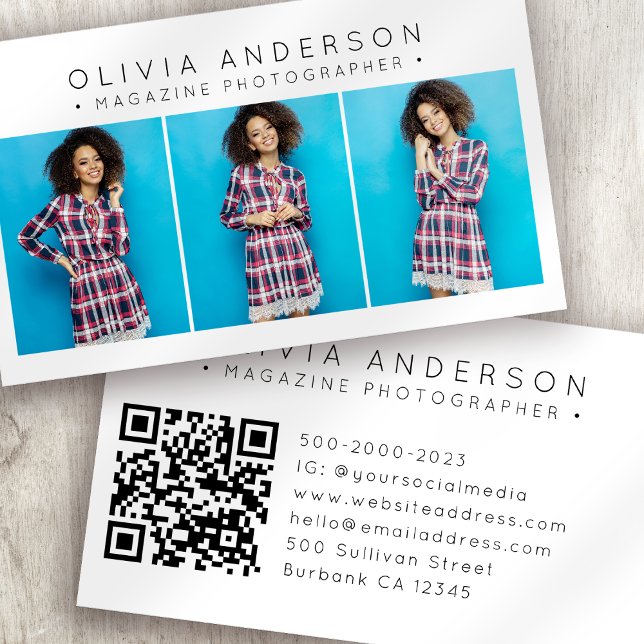 Modern 3 Photo Photographer QR Code Business Card (Creator Uploaded)