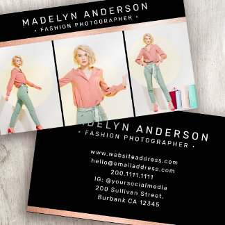 Modern 3 Photo Photographer Rose Gold Foil Business Card
