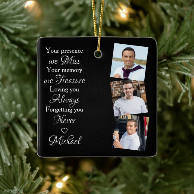 Modern 3 Photo Remembrance Keepsake Memorial  Ceramic Ornament (Tree)