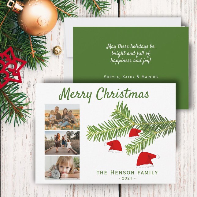 Modern 3 Photo Santa Hat Pine Merry Christmas Holiday Card (Creator Uploaded)