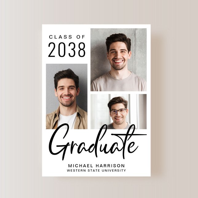 Modern 3 Photo Script Graduation Announcement (A modern photo graduation announcement to celebrate the graduate's achievements)