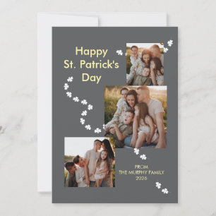 Modern 3-Photo Shamrock St. Patrick's Day Family Holiday Card