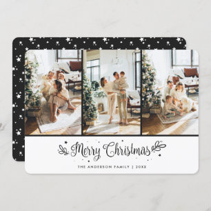 Modern 3 Photo Stars Black Merry Christmas Card