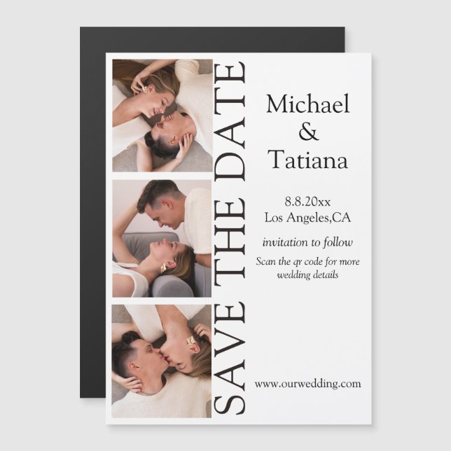 Modern 3 Photo Strip QR Code Save the Date Magnetic Invitation (Front/Back)