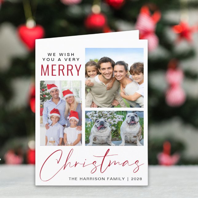 Modern 3 Photo Very Merry Christmas Holiday Card (Share the love and warmth of the season with your personalized photo Christmas card)