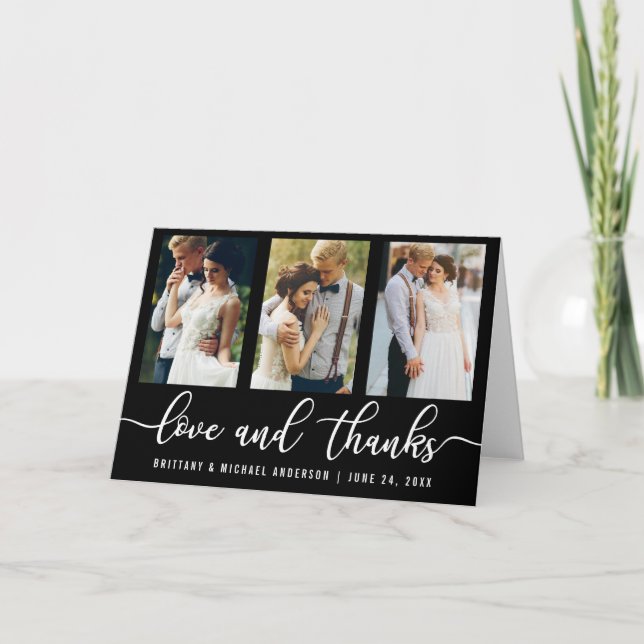 Modern 3 Photo Wedding Love and Thanks Fold Thank You Card (Front)