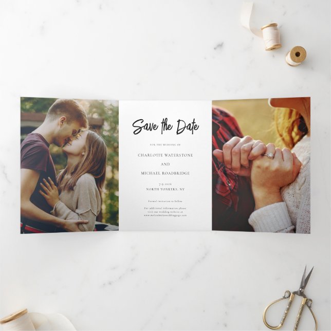 Modern 3 Photo Wedding Save the Date Tri-Fold Announcement (Inside)