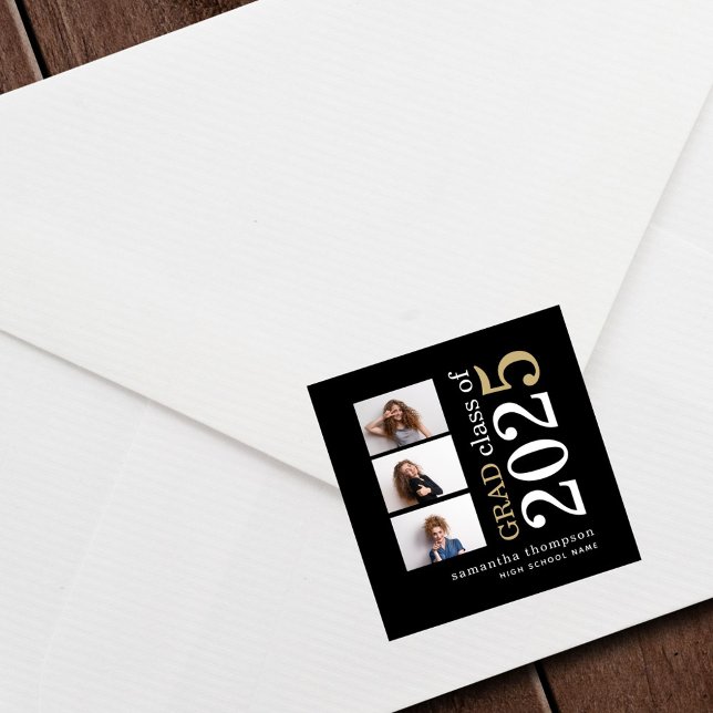Modern 3 photo White Gold Text 2023 Graduation Square Sticker (Creator Uploaded)