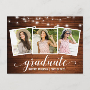 Modern 3 Photo Wood String Lights Graduation Party Invitation Postcard