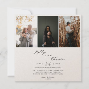 Modern 3 Photos Champagne Shimmer Wedding Invitation