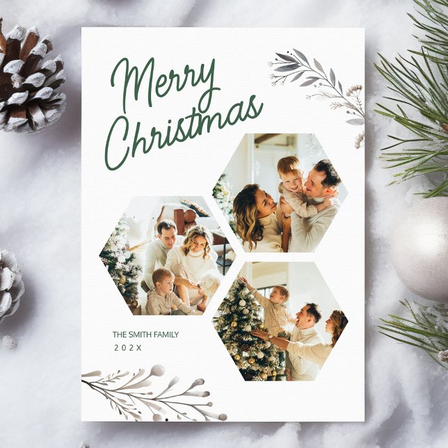 Modern 3 Photos Christmas Greeting Holiday Card (Creator Uploaded)