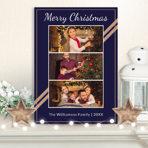 Modern 3 Photos Collage Navy Blue Merry Christmas Foil Holiday Card