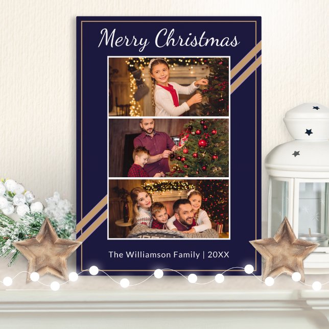 Modern 3 Photos Collage Navy Blue Merry Christmas Foil Holiday Card (A dark blue Christmas card personalized with 3 photos, name and the year, with foil detail)