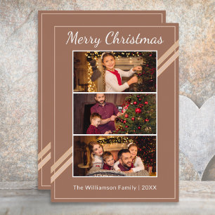 Modern 3 Photos Collage Warm Brown Merry Christmas Foil Holiday Card
