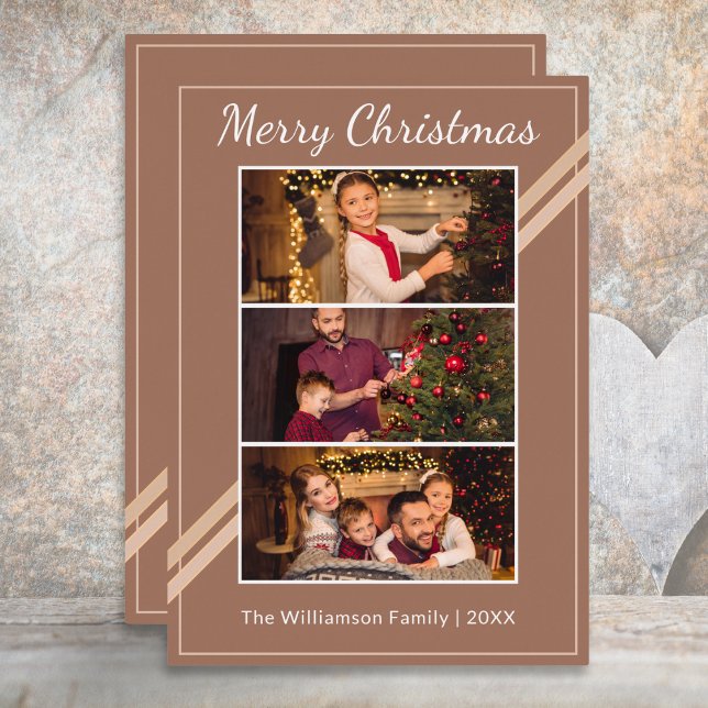 Modern 3 Photos Collage Warm Brown Merry Christmas Foil Holiday Card (A stylish Christmas card with 3 custom photos and personalized name and year, on a brown background
)