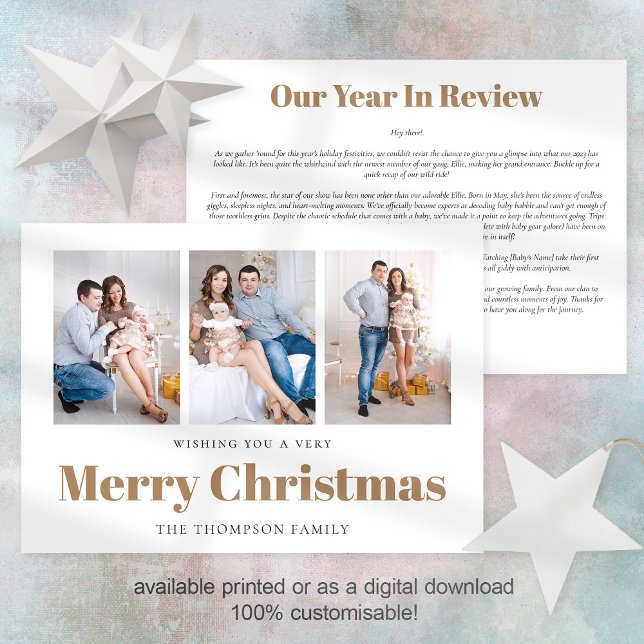 Modern 3 Photos Family Newsletter Christmas Holiday Card (Front and back view. Your annual newsletter on the back. Available digitally or printed)