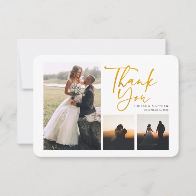 Modern 3 Photos Handwritten Wedding Thank You Card (Front)