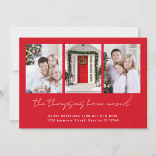 Modern 3 Photos Merry Christmas from New Home Red Holiday Card