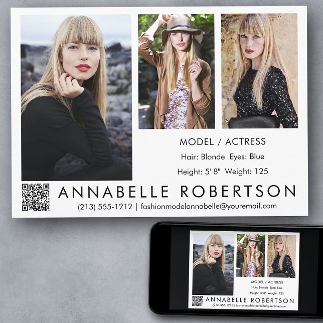 Modern 3 Photos QR Code Model and Actor Comp Card  (Customize to change background color, text size, style or to add more photos to back of card.)