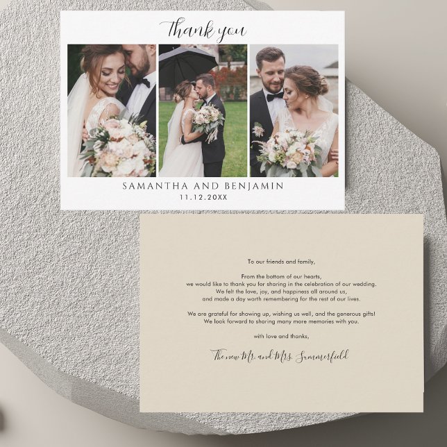 Modern 3 Photos Wedding Thank You Card (Modern 3 Photos Wedding Thank You Note Card)