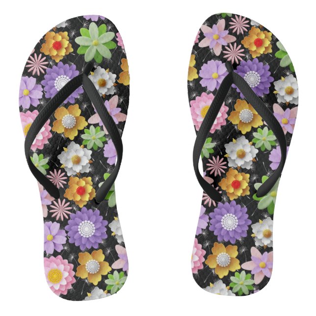 Modern 3D Colourful Floral Pattern 03x4 Black BG Thongs (Footbed)