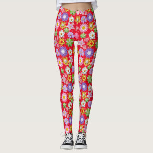 Modern 3D Colourful Floral Pattern 03x4 Red BG Leggings