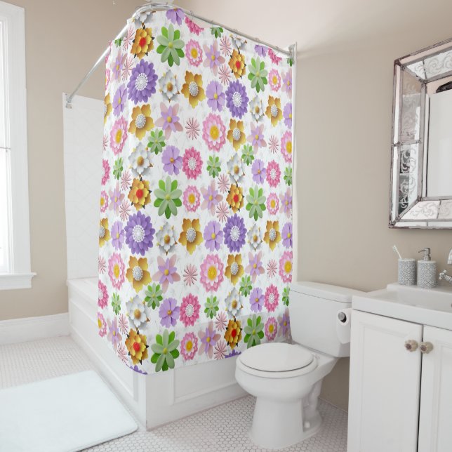Modern 3D Colourful Floral Pattern 03x4 White BG Shower Curtain (In Situ)