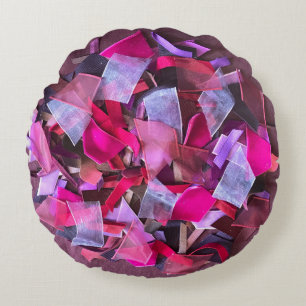 Modern 3D effect burgundy pink purple ribbons Round Cushion