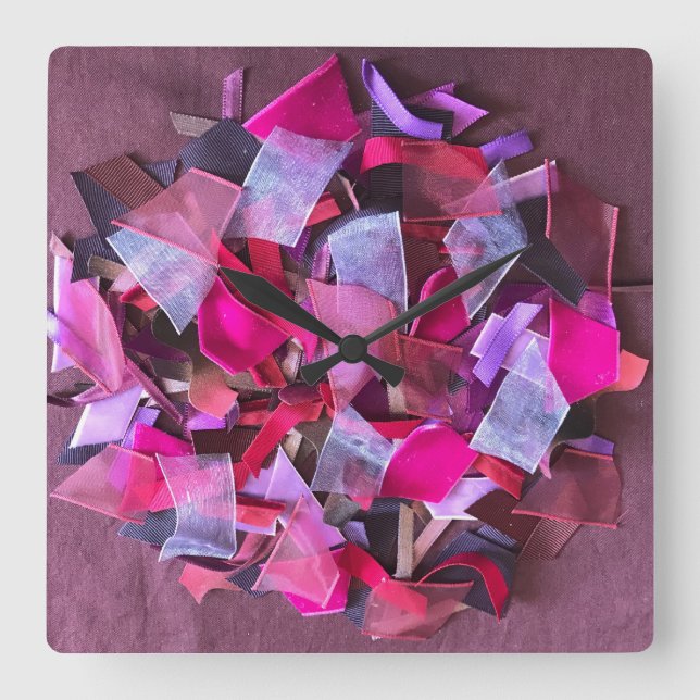 Modern 3D effect burgundy pink purple ribbons  Square Wall Clock (Front)