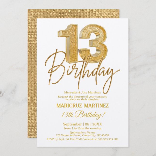 Modern 3D Gold Glitter 13th Birthday Party Invitation (Front/Back)