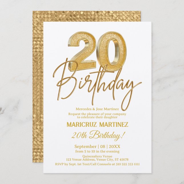 Modern 3D Gold Glitter 20th Birthday Party Invitation (Front/Back)