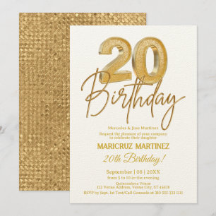 Modern 3D Gold Glitter 20th Birthday Party Invitation