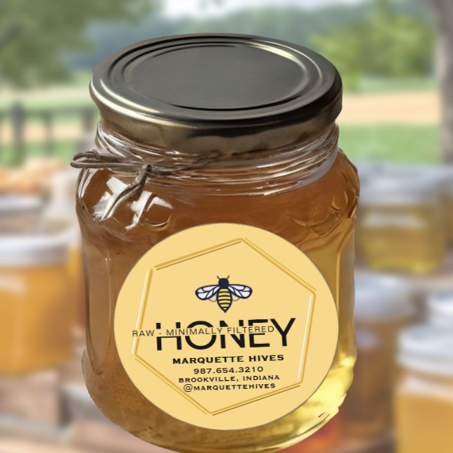Modern 3D Hexagon and Stylised Honeybee Raw HONEY Classic Round Sticker (Creator Uploaded)